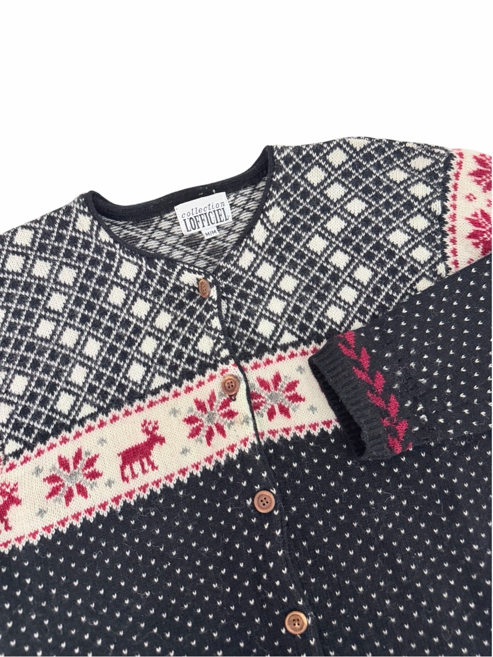 L'OFFICIEL Black Red Nordic Fair Isle 100% Wool Cardigan Vintage size M - Picture 4 of 11